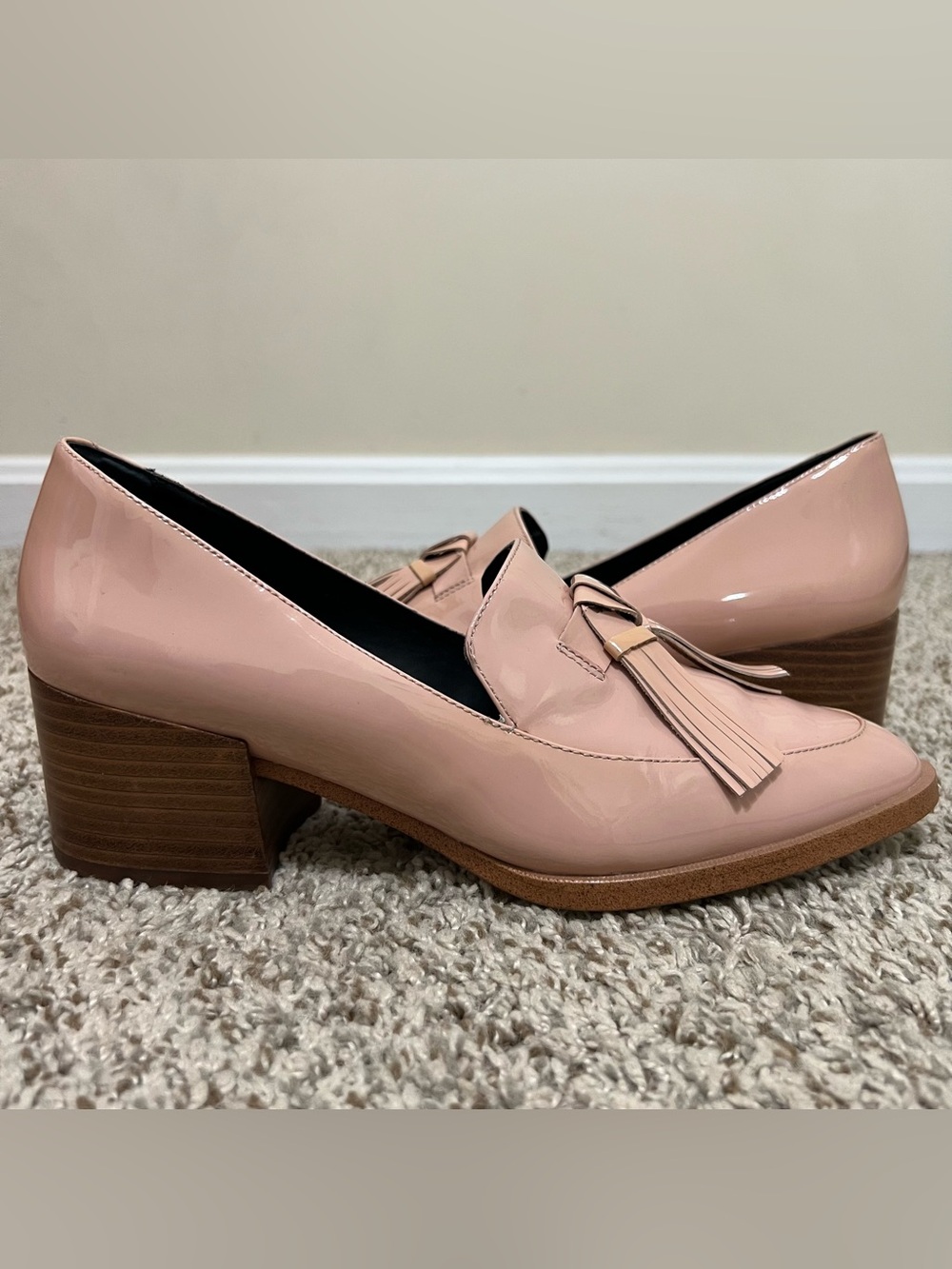 Rebecca Minkoff Edie Tassel Patent Leather Block Heel Loafers Nude Size 7.5